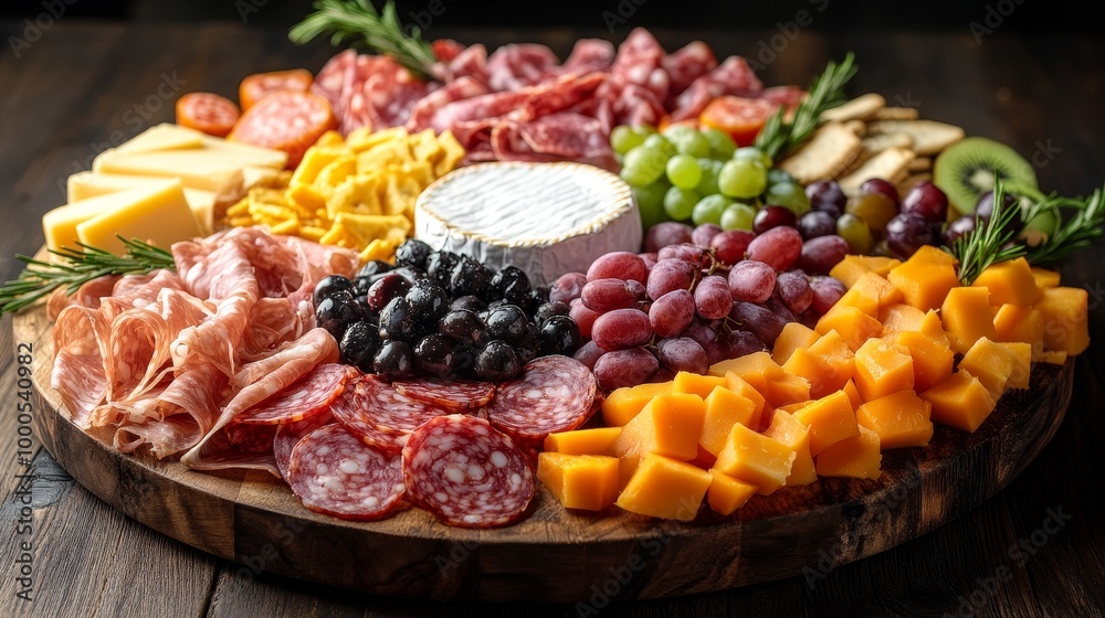 A beautifully arranged charcuterie board in the shape of a flower, with meats, cheeses, grapes, and crackers forming petal-like sections around a central dip. Creative, Floral pattern, Bright colors A beautifully arranged charcuterie board in the shape of a flower, with meats, cheeses, grapes, and crackers forming petal-like sections around a central dip. Creative, Floral pattern, Bright colors