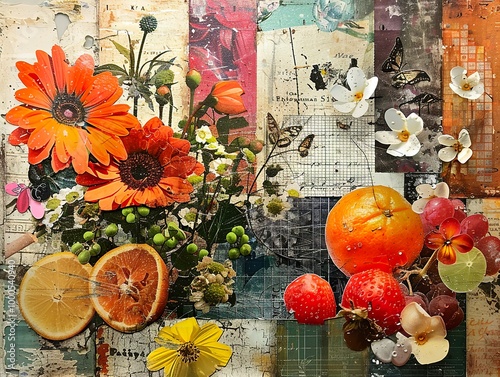 Floral Collage with Oranges and Strawberries