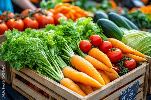 Fresh organic vegetables at a farmers' market, with colorful produce like carrots, lettuce, and tomatoes displayed in wooden crates