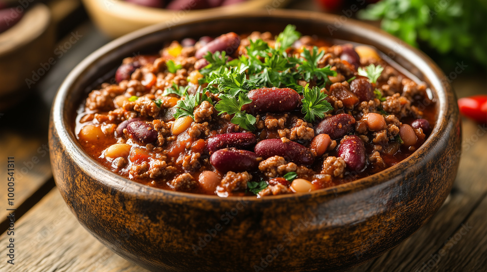 Savory Italian-Style Chili with Ground Meat, Beans, and a Blend of Spices in a Charming Rustic Bowl Savory Italian-Style Chili with Ground Meat, Beans, and a Blend of Spices in a Charming Rustic Bowl