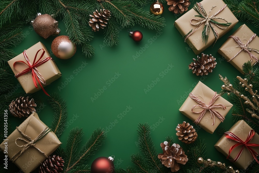Top view of packed gifts, fir branches on a green background. Top view of packed gifts, fir branches on a green background.
