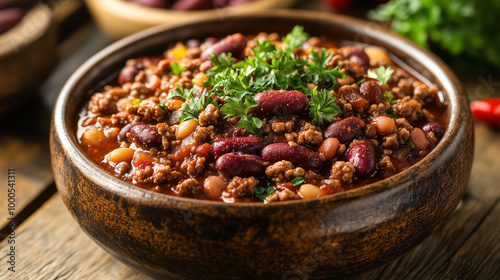 Savory Italian-Style Chili with Ground Meat, Beans, and a Blend of Spices in a Charming Rustic Bowl