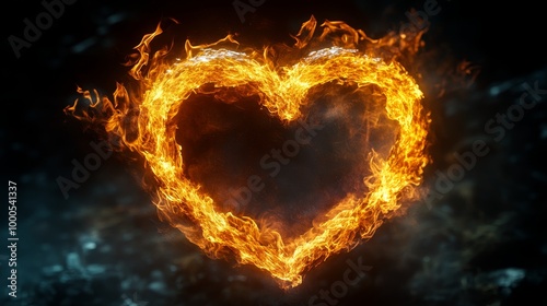 A blazing ring of fire encircling a glowing heart-shaped crystal, symbolizing pure passion and untamed energy, dark backdrop for intense contrast