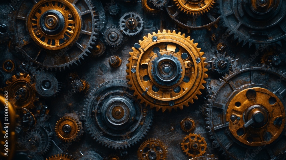 A circle of gears, each different in size, rotating in unison to symbolize the interconnectedness of processes and systems, intricate mechanical details