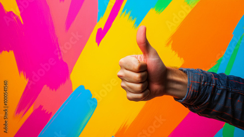 An arm from off screen giving a thumbs up against a bright painted background