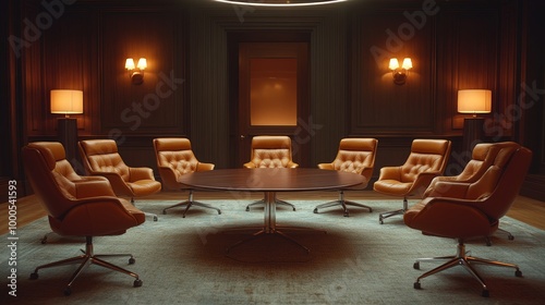 A circle of leather chairs in a boardroom, each chair identical, symbolizing equality and fairness in a high-stakes negotiation, neutral tones and soft lighting