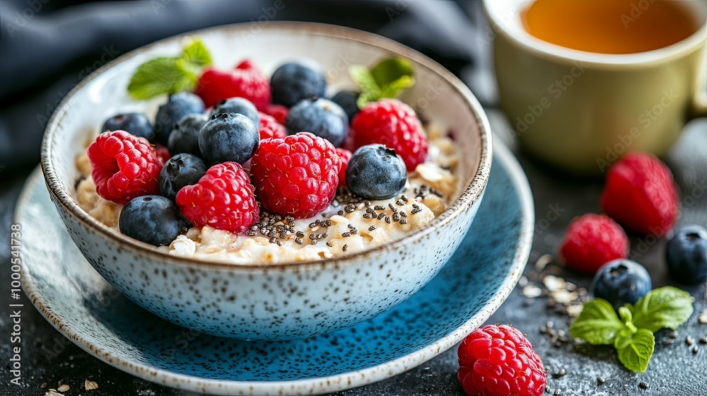 Bowl of Oatmeal with Blueberries, Raspberries, and Chia Seeds Bowl of Oatmeal with Blueberries, Raspberries, and Chia Seeds