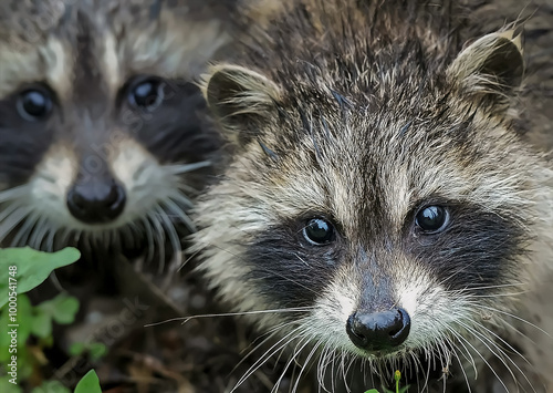 Two young racoons peer into the camera as they try to hide under a  bush. This image was made in Indiana, USA. This is an AI enhanced photograph.
