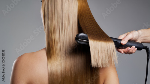 A woman with long hair is getting her hair straightened. A stylist is holding a flat iron