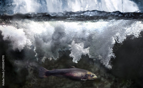 This is an AI enhanced photograph of a trout under the churning water at the base of a waterfall in Chattanooga, TN, USA.