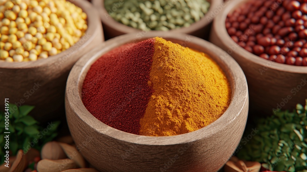 Close up of Turmeric and Paprika Powder in Wooden Bowls with Spices and Herbs