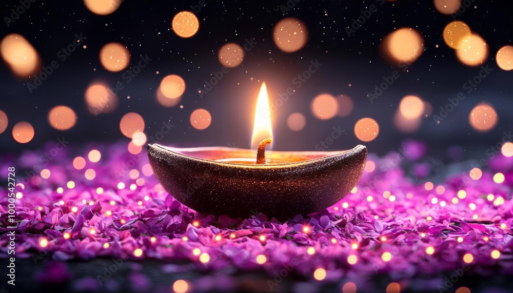 A close-up of a Diwali lamp surrounded by bokeh lights and a colorful flower backdrop A close-up of a Diwali lamp surrounded by bokeh lights and a colorful flower backdrop