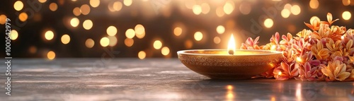 A festive Diwali display featuring a beautiful lamp, bokeh lights, and a cascade of bright flowers