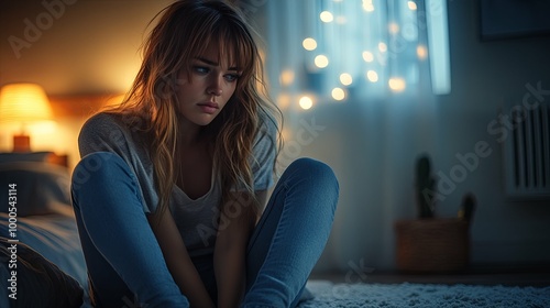 A Woman Sitting Alone in a Dimly Lit Room, Looking Downcast