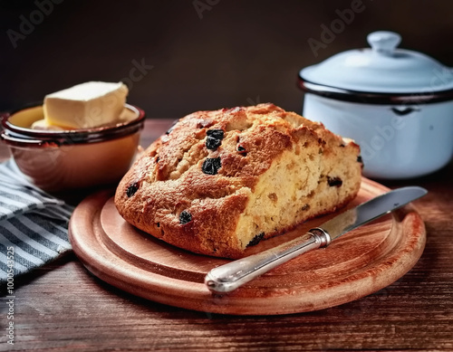 Raisin Soda Bread on Cutting Board, Butter AI photo