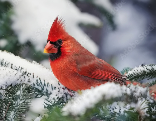 Red Cardinal Perched on Evergreen Limb in Snow AI photo