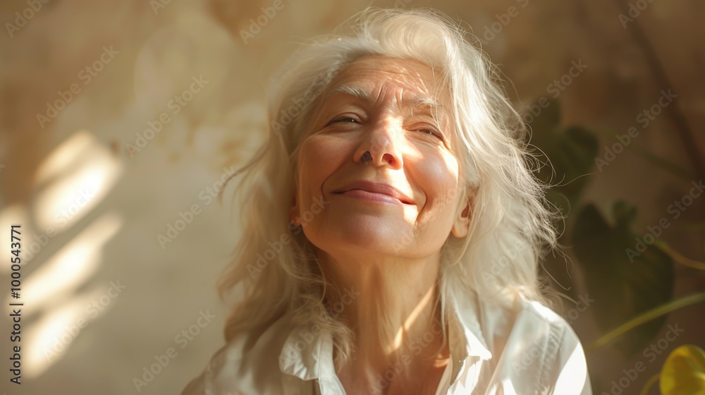 A realistic, lifelike portrayal of a happy middle-aged woman with white hair A realistic, lifelike portrayal of a happy middle-aged woman with white hair