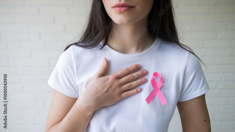 A woman wearing a pink ribbon on her shirt. She is holding her chest A woman wearing a pink ribbon on her shirt. She is holding her chest