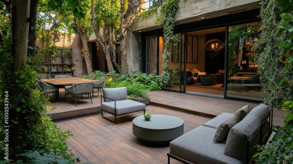 A serene outdoor space with modern furniture surrounded by lush greenery and large windows. A serene outdoor space with modern furniture surrounded by lush greenery and large windows.