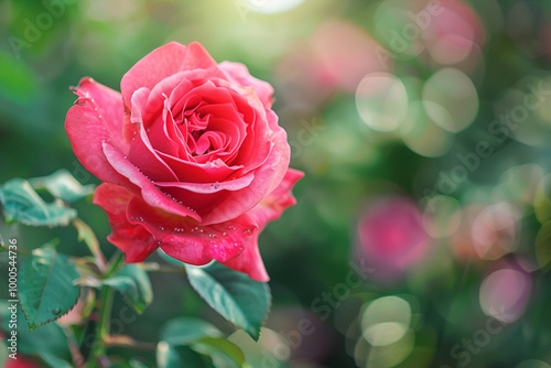 Single Red roses are blooming in the garden, Beautiful half bloomed Hojun rose flower in Natural environment for backgrounds, wrapping, designs, Pink, purple rose buds with dew drops in garden,
 photo