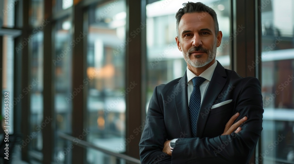 Mature male executive in a contemporary office, dressed in a dark suit and tie Mature male executive in a contemporary office, dressed in a dark suit and tie
