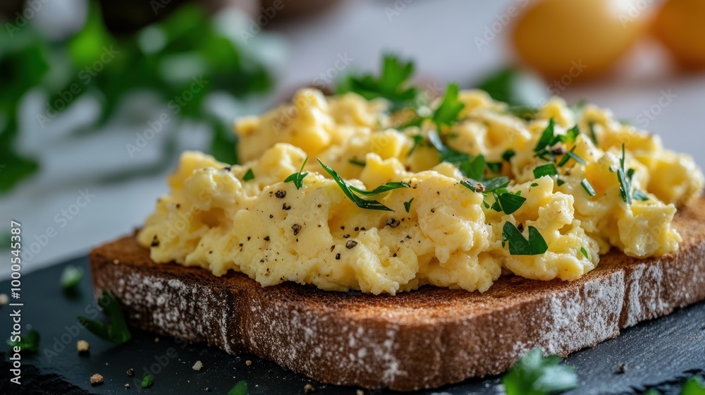 A slice of brown bread topped with fluffy scrambled eggs and garnished with parsley.