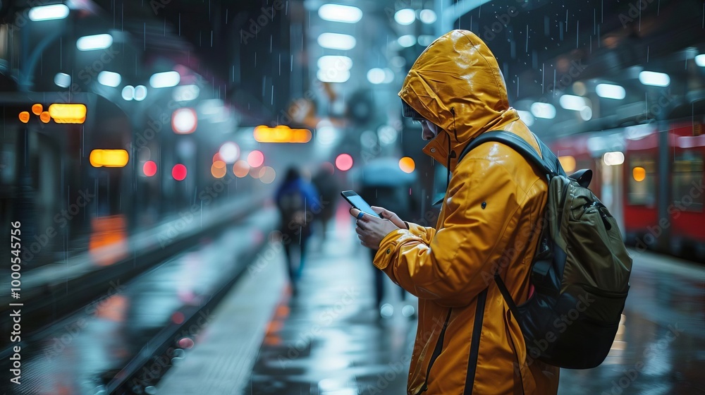 Obraz premium Person in yellow raincoat using phone in rainy station.