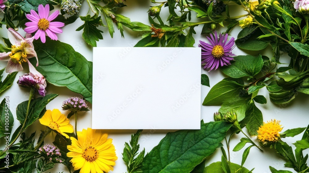 A blank card surrounded by vibrant flowers and greenery, ideal for greeting cards or notes. A blank card surrounded by vibrant flowers and greenery, ideal for greeting cards or notes.