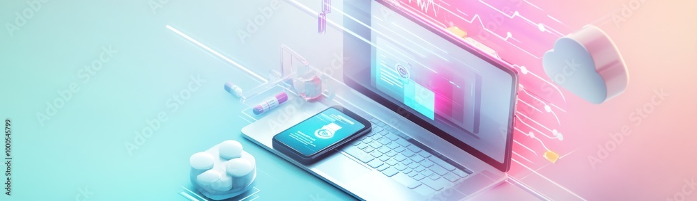 A digital workspace featuring a laptop, tablet, and cloud graphics for tech-related tasks. A digital workspace featuring a laptop, tablet, and cloud graphics for tech-related tasks.