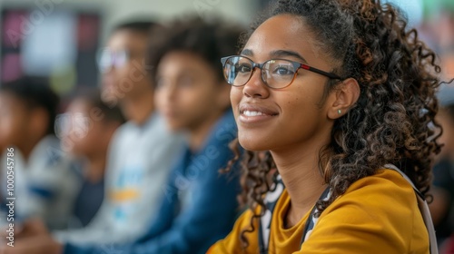 Smiling girl in classroom, engaged and focused on lesson.