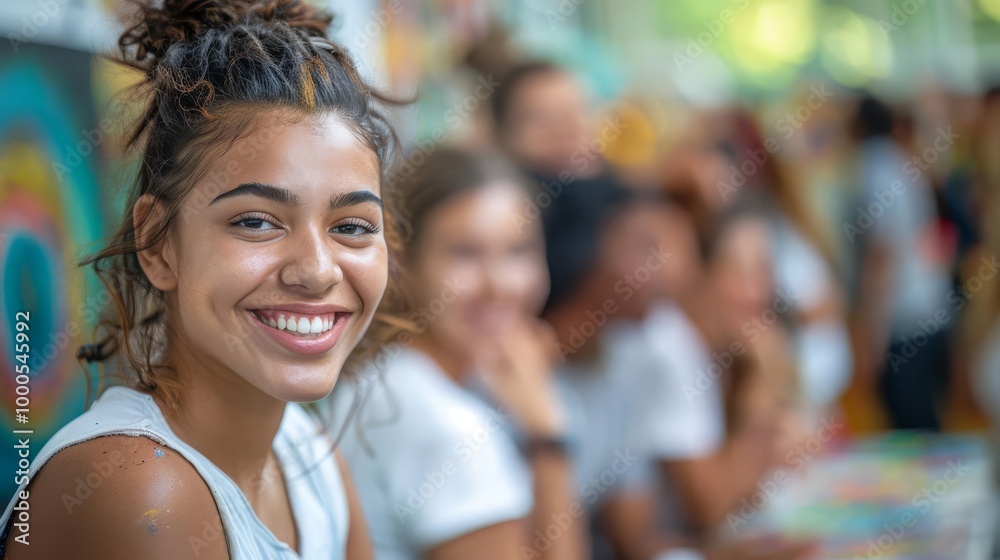 Smiling girl in a vibrant, colorful setting, joyful atmosphere. Smiling girl in a vibrant, colorful setting, joyful atmosphere.