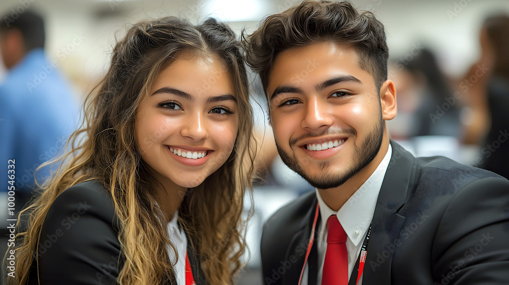 Smiling business duo - A young woman and young man smiling at the office Smiling business duo - A young woman and young man smiling at the office