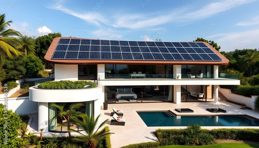 Fototapeta premium Modern Home with Solar Panels, Green Roof, and Pool