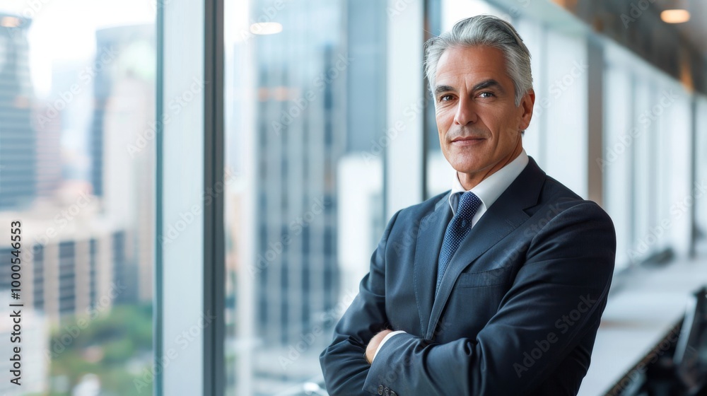 Middle-aged executive with gray hair, confident stance Middle-aged executive with gray hair, confident stance