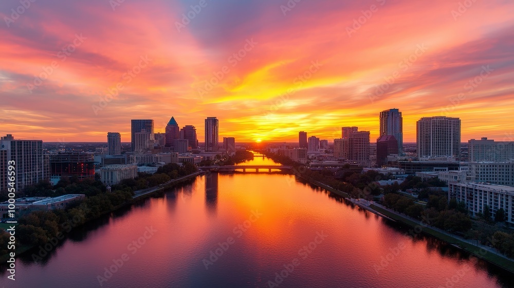 Dramatic Sunset Skyline with River and Bridge Dramatic Sunset Skyline with River and Bridge