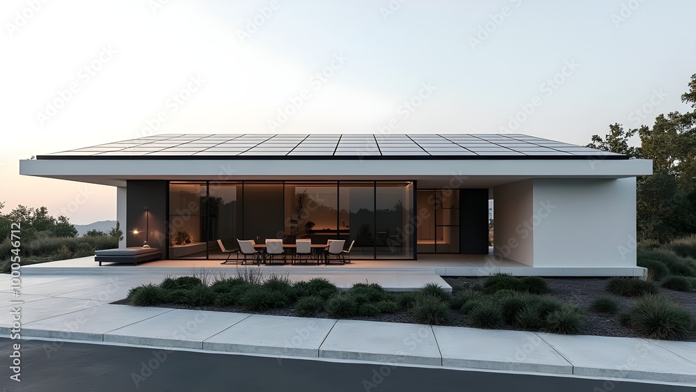 Fototapeta premium Modern Sustainable Home with Solar Panels and Open Floor Plan