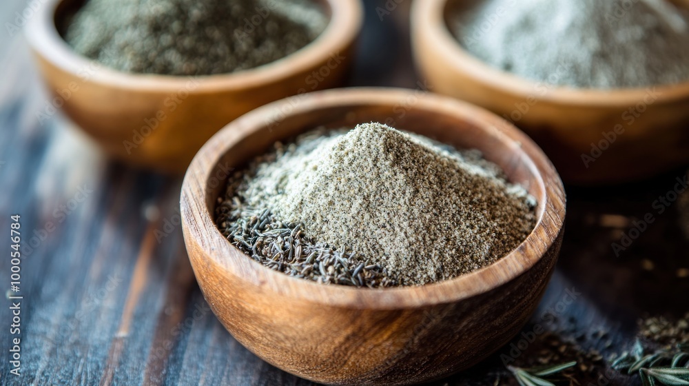 A close-up of bowls filled with various spices, showcasing their texture and colors. A close-up of bowls filled with various spices, showcasing their texture and colors.