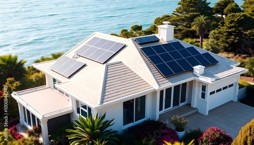 Modern Sustainable Home with Solar Panels and Ocean View photo