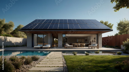 Home with solar panels on the roof under a bright sky. Clean and renewable energy source