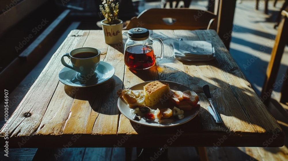 A cozy breakfast setting with coffee, tea, and a plate of food on a wooden table. A cozy breakfast setting with coffee, tea, and a plate of food on a wooden table.