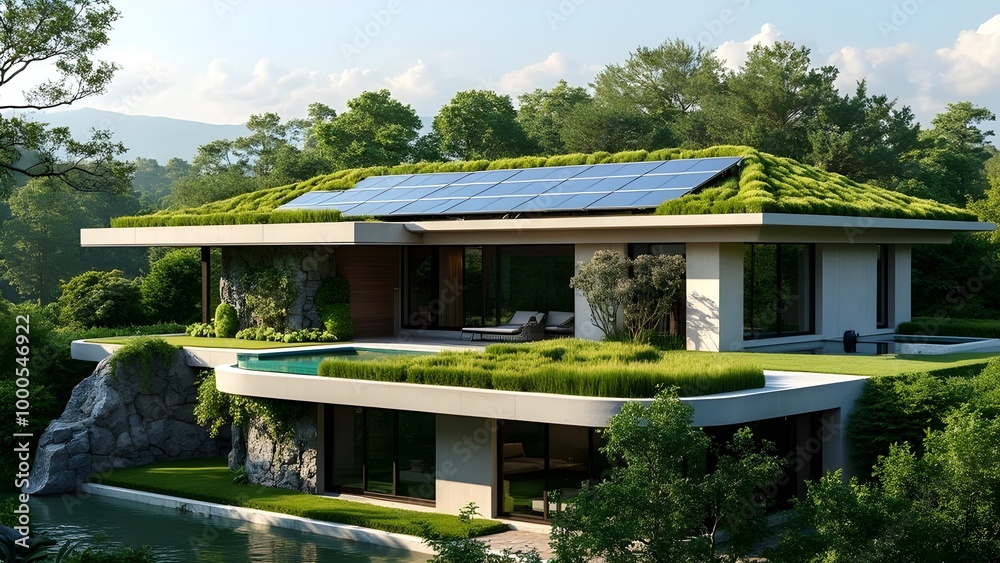Fototapeta premium Green Roof House with Solar Panels and Swimming Pool