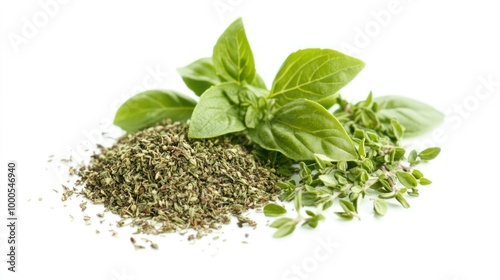 A mix of fresh basil leaves and dried thyme, showcasing herbs for culinary use.