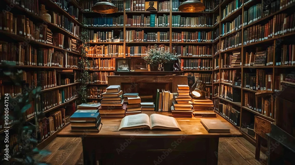 A Well-Lit Library Desk Surrounded by Bookcases A Well-Lit Library Desk Surrounded by Bookcases