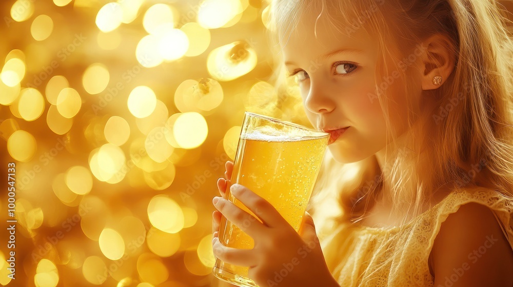 A girl enjoying a refreshing drink with a warm, golden background. A girl enjoying a refreshing drink with a warm, golden background.