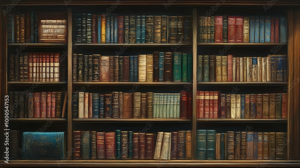 A Wooden Bookshelf Filled with Leather-Bound Books A Wooden Bookshelf Filled with Leather-Bound Books