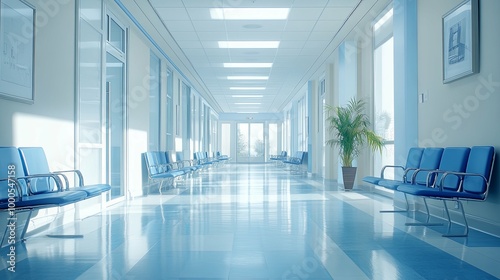 A Sterile and Empty Hospital Waiting Area with Rows of Blue Chairs