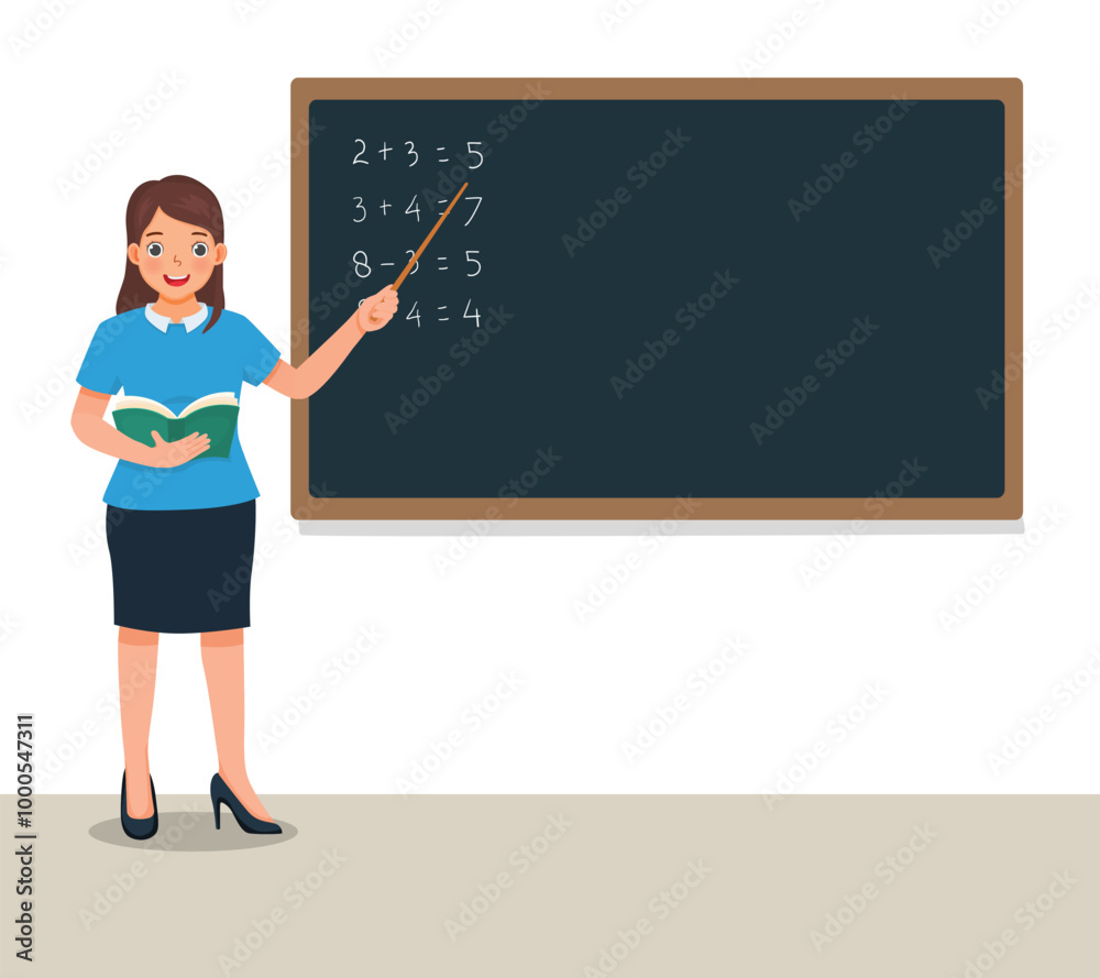Young female teacher standing in front of class teaching math lesson at blackboard Young female teacher standing in front of class teaching math lesson at blackboard