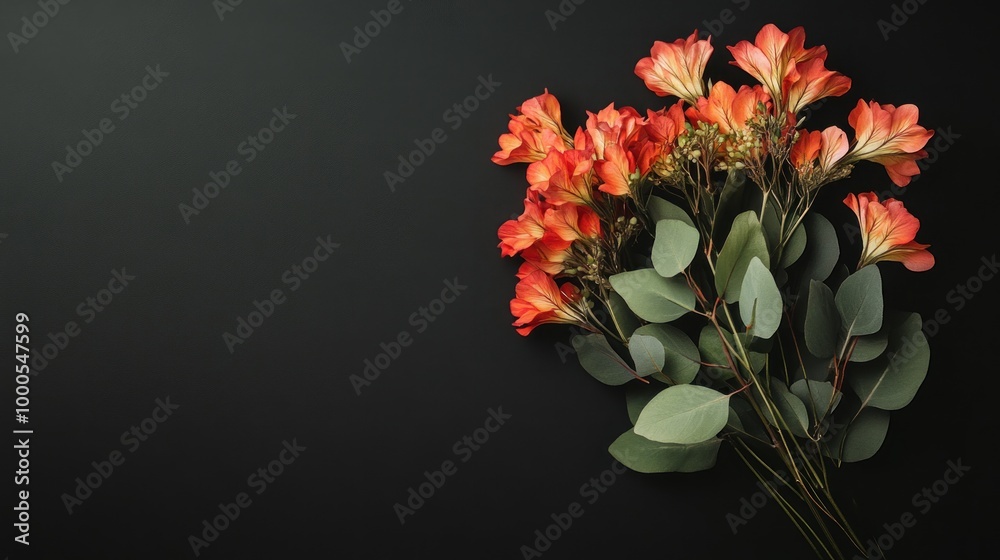 Fototapeta premium A bouquet of orange flowers with green leaves arranged on a dark background.
