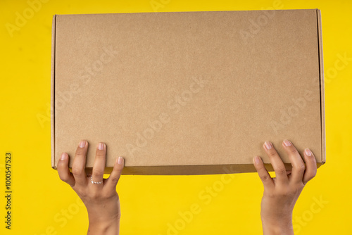 Young woman doing parcel delivery service and holding cardboard boxes photo