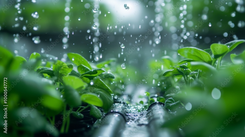 Close-up view of a garden irrigation system gently spraying water on young green plants. The fresh greenery and water droplets evoke a sense of growth and natural sustainability, perfect for Close-up view of a garden irrigation system gently spraying water on young green plants. The fresh greenery and water droplets evoke a sense of growth and natural sustainability, perfect for